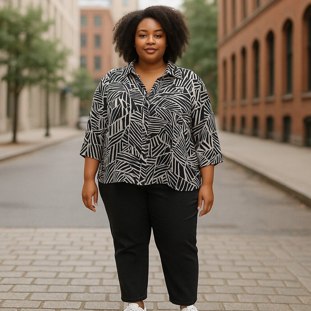 East5TH Linen Blend Button Down Abstract Black White Blouse Ladies 1X Casual